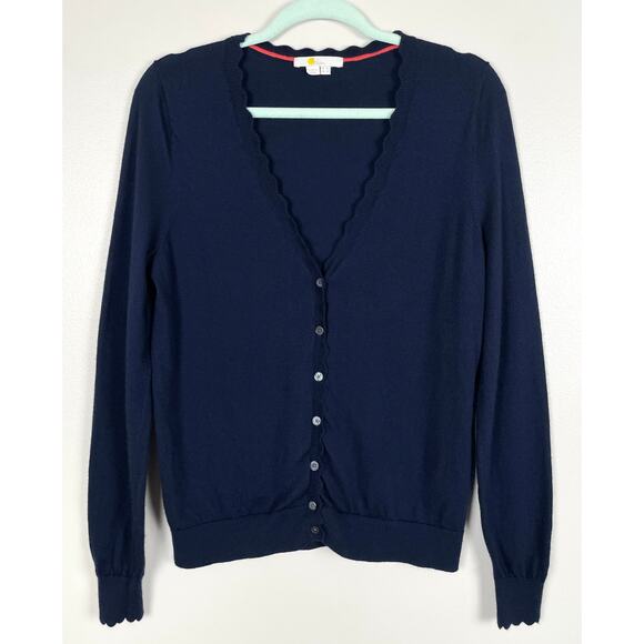 Boden Merino Wool Scallop Trim Cardigan Navy Blue Size 10 Button Front V-Neck - Picture 7 of 13